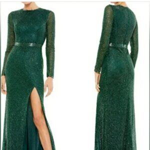 Mac Duggal 5056 Beaded Evening Gown – Green | Long Sleeve | Medium Slit (Mod)